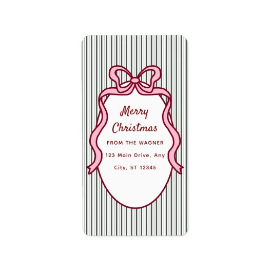 Classic Dark Green Stripes & Pink Bow Christmas ラベル (正面)