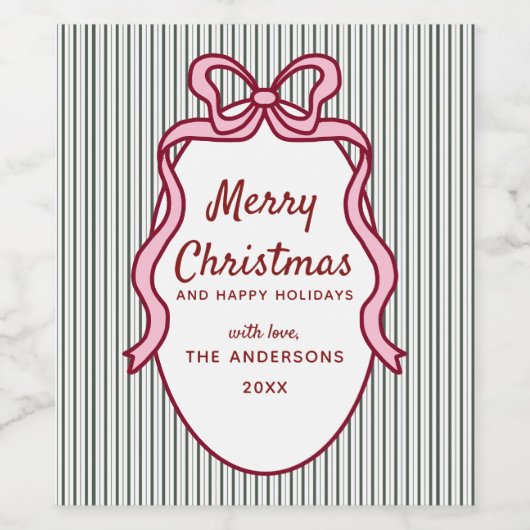 Classic Dark Green Stripes & Pink Bow Christmas ワインラベル (シングルラベル)