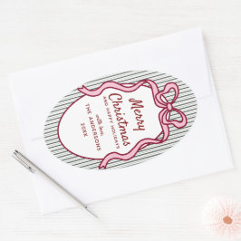 Classic Dark Green Stripes & Pink Bow Christmas 楕円形シール