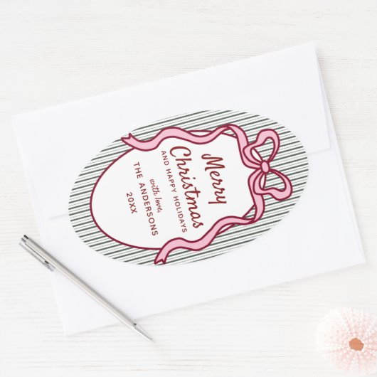 Classic Dark Green Stripes & Pink Bow Christmas 楕円形シール (封筒)