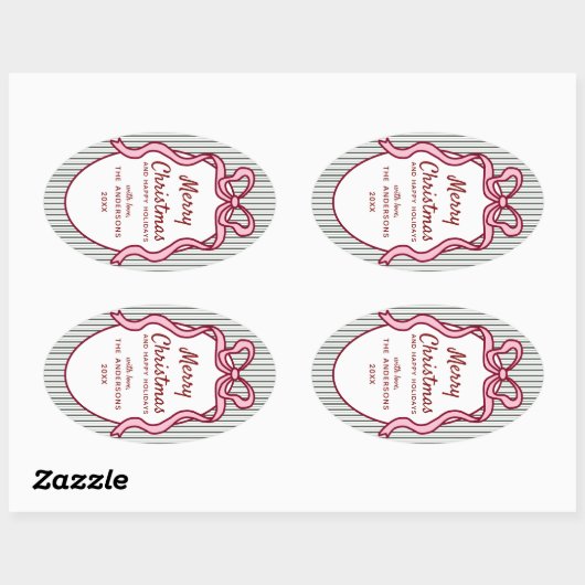 Classic Dark Green Stripes & Pink Bow Christmas 楕円形シール (シート)