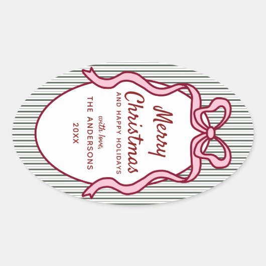 Classic Dark Green Stripes & Pink Bow Christmas 楕円形シール (正面)
