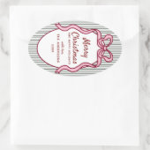 Classic Dark Green Stripes & Pink Bow Christmas 楕円形シール (バッグ)