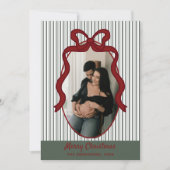 Classic Dark Green Stripes & Red Bow Christmas シーズンカード (正面)