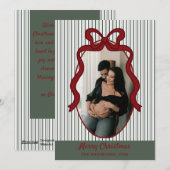 Classic Dark Green Stripes & Red Bow Christmas シーズンカード (正面/裏面)