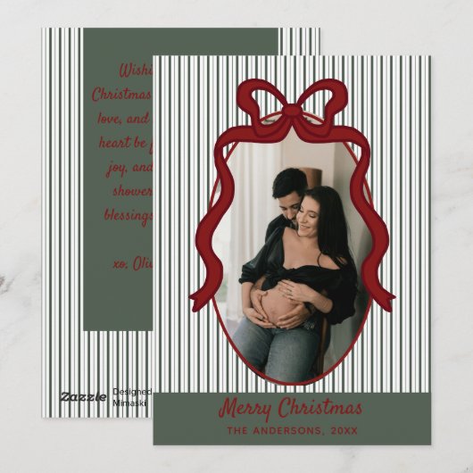 Classic Dark Green Stripes & Red Bow Christmas シーズンカード (正面/裏面)