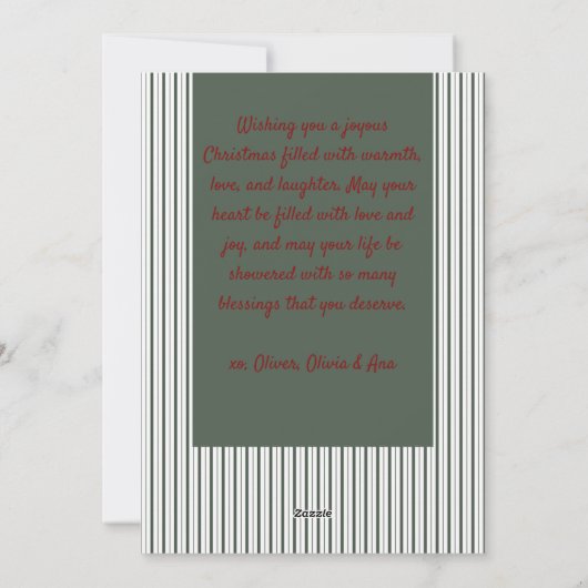 Classic Dark Green Stripes & Red Bow Christmas シーズンカード (裏面)