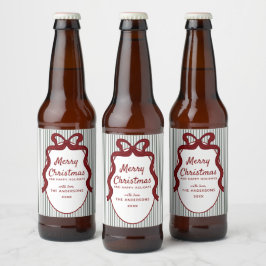Classic Dark Green Stripes & Red Bow Christmas  ビールラベル
