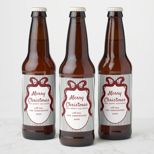 Classic Dark Green Stripes & Red Bow Christmas  ビールラベル (ボトル)