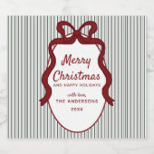 Classic Dark Green Stripes & Red Bow Christmas  ビールラベル (シングルラベル)
