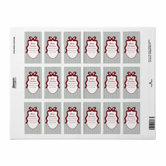 Classic Dark Green Stripes & Red Bow Christmas ラベル (フルシート)