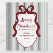Classic Dark Green Stripes & Red Bow Christmas ワインラベル (シングルラベル)