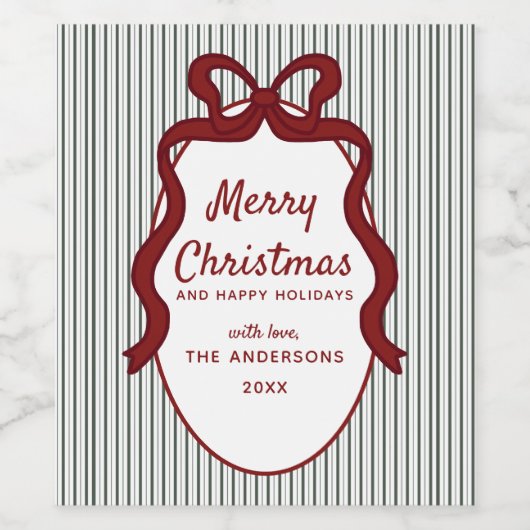 Classic Dark Green Stripes & Red Bow Christmas ワインラベル (シングルラベル)