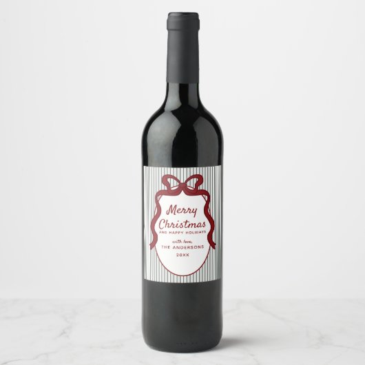 Classic Dark Green Stripes & Red Bow Christmas ワインラベル (正面)