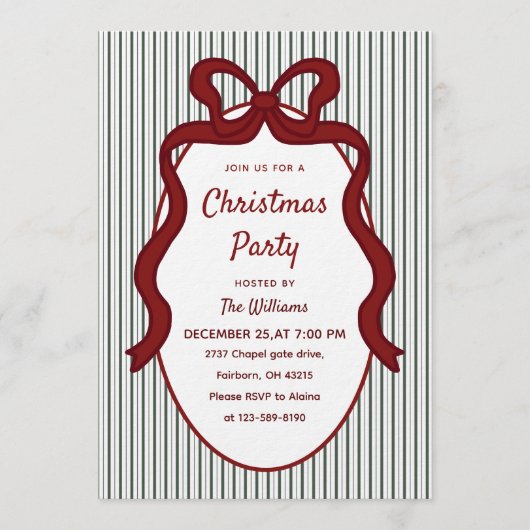 Classic Dark Green Stripes & Red Bow Christmas  招待状 (正面)