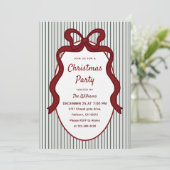 Classic Dark Green Stripes & Red Bow Christmas  招待状 (スタンド正面)