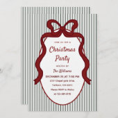 Classic Dark Green Stripes & Red Bow Christmas  招待状 (正面/裏面)
