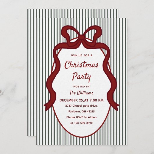 Classic Dark Green Stripes & Red Bow Christmas  招待状 (正面/裏面)