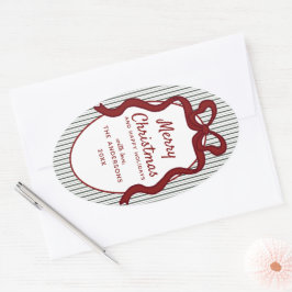 Classic Dark Green Stripes & Red Bow Christmas 楕円形シール