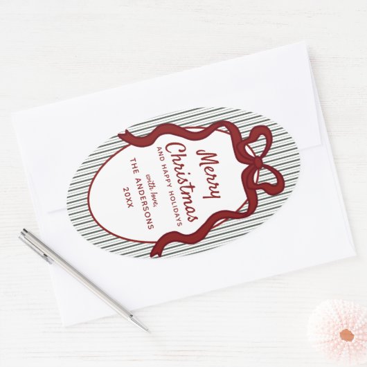 Classic Dark Green Stripes & Red Bow Christmas 楕円形シール (封筒)