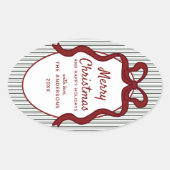 Classic Dark Green Stripes & Red Bow Christmas 楕円形シール (正面)