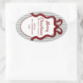 Classic Dark Green Stripes & Red Bow Christmas 楕円形シール (バッグ)