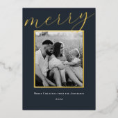 Classic Dark Navy and Gold Frame Family Photo 箔シーズンカード (正面)