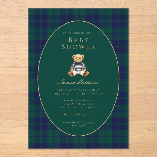 Classic Dark Plaid Baby Shower Acrylic Invitation アクリル招待状 (正面)