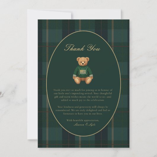 Classic Dark Plaid Lauren Inspired Baby Shower サンキューカード (正面)