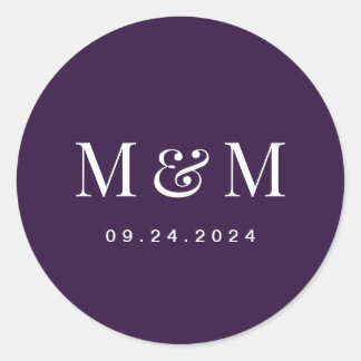 Classic Dark Purple Monogram Typography Wedding ラウンドシール