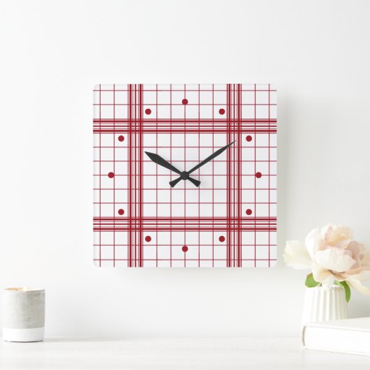 Classic Dark Red Farmhouse Plaid Pattern On White スクエア壁時計 (ホーム)