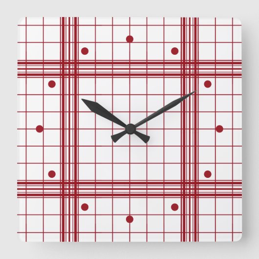 Classic Dark Red Farmhouse Plaid Pattern On White スクエア壁時計 (正面)
