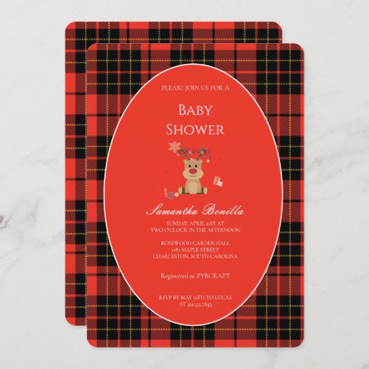 Classic Dark Red Plaid Baby Shower Invitation 招待状 (正面/裏面)
