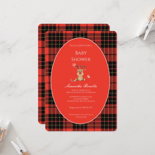 Classic Dark Red Plaid Baby Shower Invitation 招待状 (正面/裏面インサイチュ)