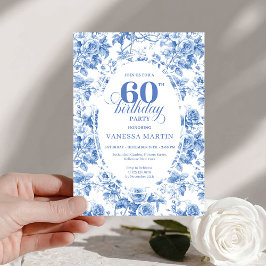 Classic Deep Blue Floral Toile 60th Birthday Invit 招待状