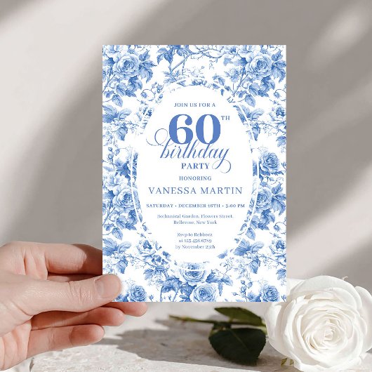 Classic Deep Blue Floral Toile 60th Birthday Invit 招待状