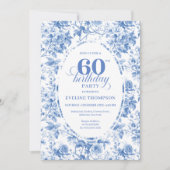 Classic Deep Blue Floral Toile 60th Birthday Invit 招待状 (正面)