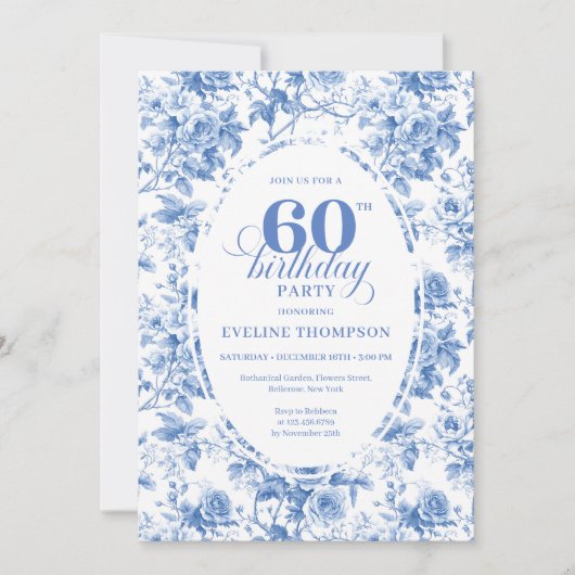 Classic Deep Blue Floral Toile 60th Birthday Invit 招待状 (正面)