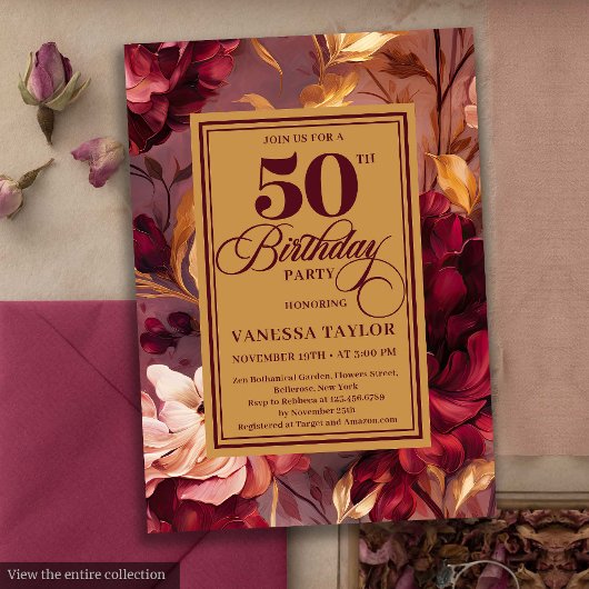 Classic deep red blush gold floral 50th birthday  招待状