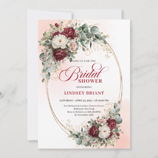 Classic Deep Red Floral Eucalyptus Bridal Shower 招待状 (正面)