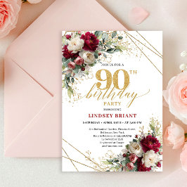 Classic Deep Red Floral Gold 90th Birthday Invite 招待状