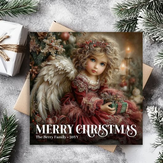 Classic Deep Red Victorian Angel Gold Christmas シーズンカード