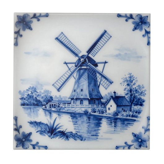 Classic Delft Blue Windmill Canal Scene タイル (正面)