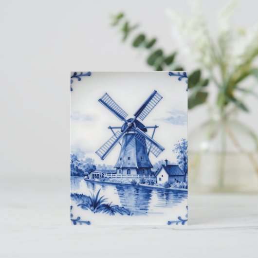 Classic Delft Blue Windmill Canal Scene ポストカード (スタンド正面)