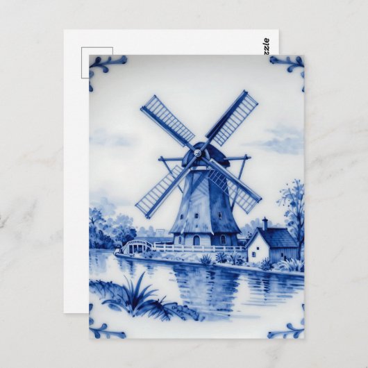 Classic Delft Blue Windmill Canal Scene ポストカード (正面/裏面)