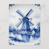 Classic Delft Blue Windmill Canal Scene ポストカード (正面)