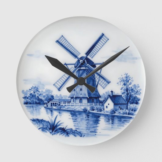 Classic Delft Blue Windmill Canal Scene ラウンド壁時計 (正面)