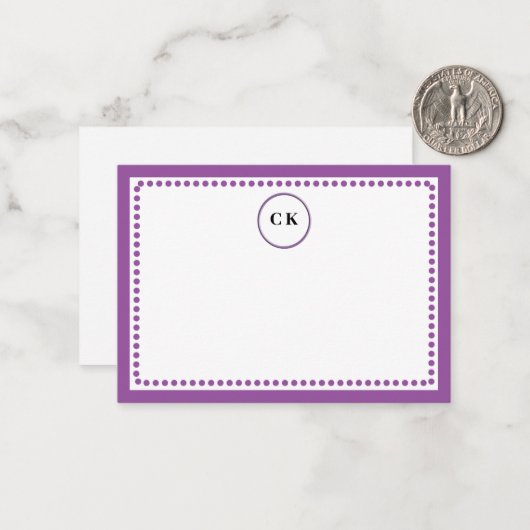 Classic Dotted Frame withe Initials & Purple  ノートカード (正面/裏面インサイチュ)