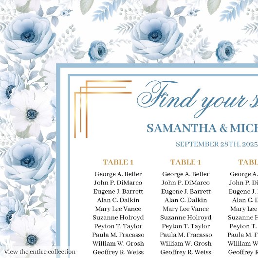 Classic Dusty Blue Boho Gold Glitter Seating Chart ポスター