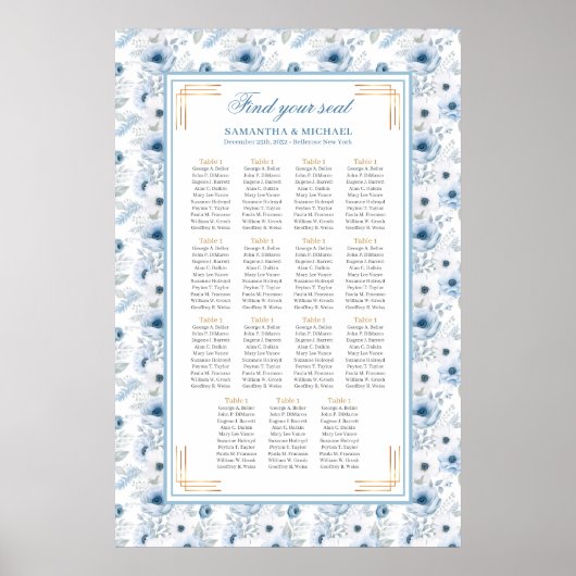 Classic Dusty Blue Boho Gold Glitter Seating Chart ポスター (正面)